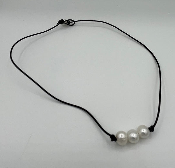 Natural White Pearl Gemstone and Black Leather Cord Beaded Necklace