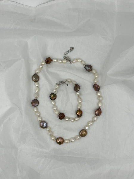 Natural White & Chocolate Pearl Gemstone Beaded Adjustable Necklace and Bracelet