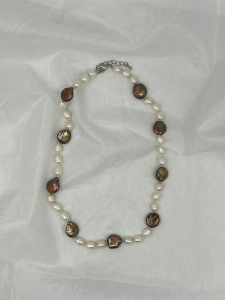 Natural White Baroque and Chocolate Coin Pearl Beaded Adjustable Necklace