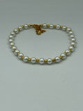 Natural White Pearl 6 MM Round and Gold Tone Beaded Adjustable Anklet Set