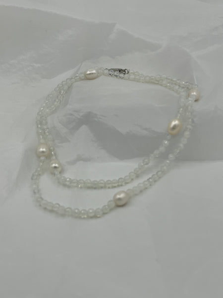 Natural Moonstone Round and White Rice Pearl Gemstone Long Beaded Necklace