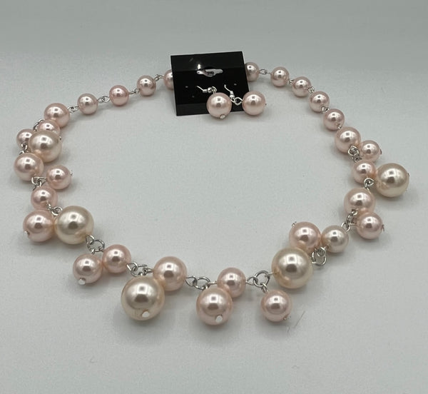 Natural White Pearl Gemstone Round Beaded Cluster Necklace Dangle Earrings Set