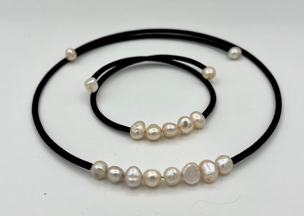 Natural White Pearl and Black Leather Memory Wire Beaded Necklace and Bracelet