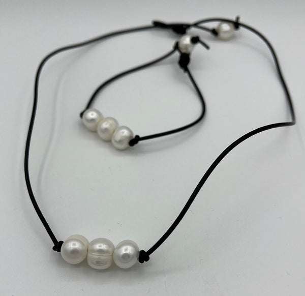 Natural White Pearl and Black Leather Cord Beaded Necklace and Bracelet Set