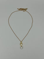 Natural Mother of Pearl and Pearl Gemstone Pendant on Gold Tone Chain Necklace