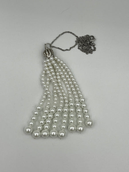 Natural White Pearl Gemstone Tassel Pendant on Silvertone Chain Necklace