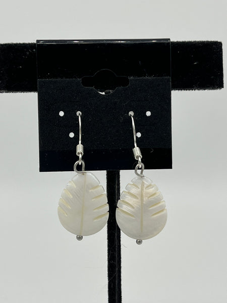 Natural White Mother of Pearl Shell Carved Leaf Sterling Silver Dangle Earrings
