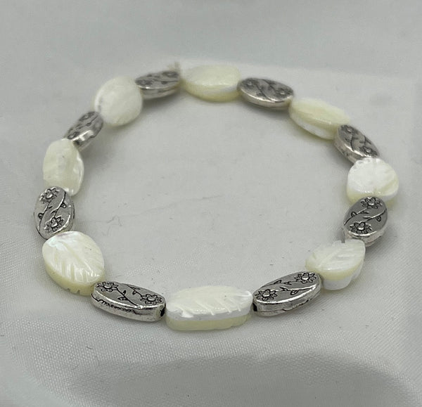 Natural Mother of Pearl Shell Carved Leaf and Silvertone Beaded Stretch Bracelet