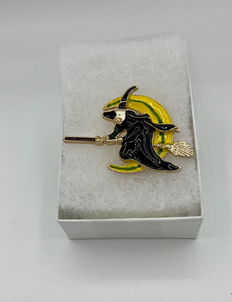 Gold Tone Black Yellow and Green Enamel Halloween Witch on Broom Pin Brooch