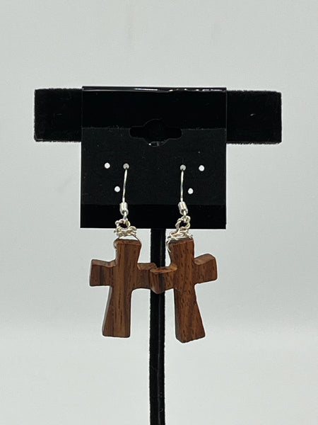 Natural Brown Wood Carved Cross Sterling Silver Dangle Earrings