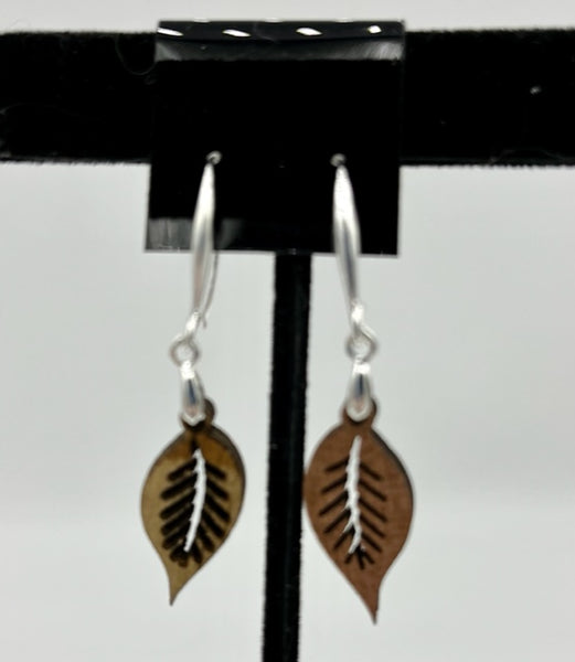 Wood Carved Leaf Silvertone Dangle Earrings