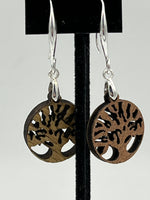 Carved Wood Tree of Life in Circle Dangle Earrings