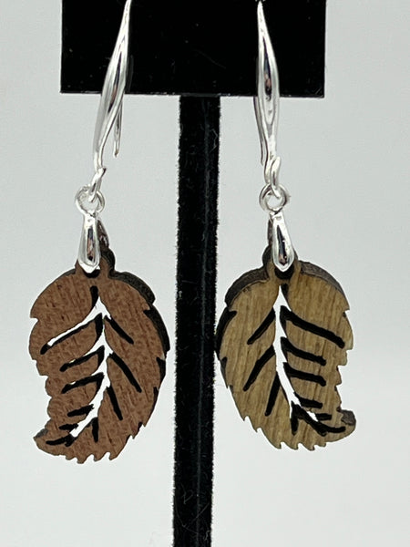 Carved Wood Curved Leaf Dangle Earrings