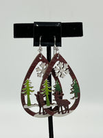 Wood Teardrop Earrings with reindeer snowflake & Christmas Tree Dangle Earrings