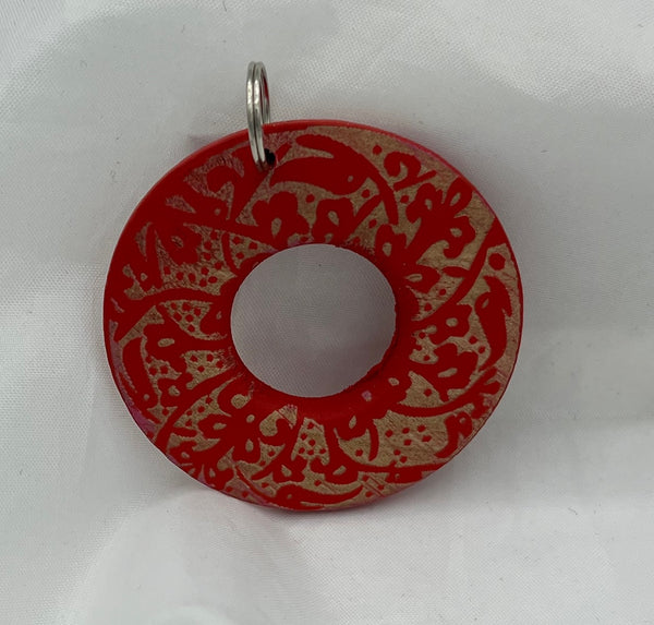 Red Wood Donut Carved Pendant with Filligree Design