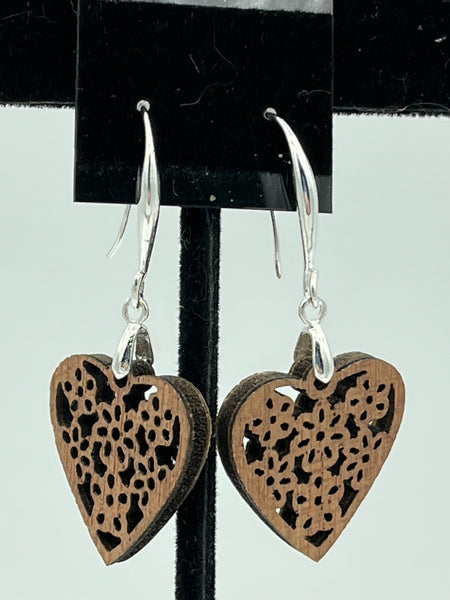 Natural Wood Carved Heart Dangle Earrings