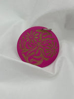 Large Hot Pink Wood Circle with Etched Flowers Design Pendant