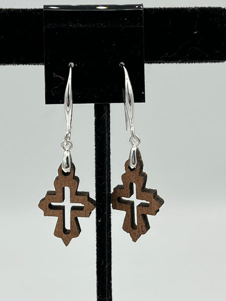 Natural Wood Carved Open Cross Dangle Earrings