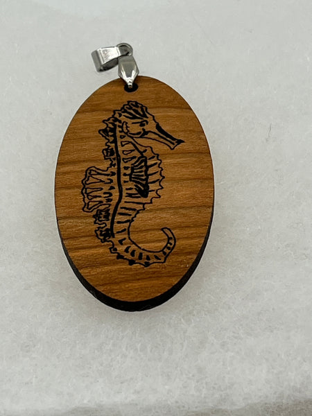 Natural Wood Carved Oval with Seahorse Design Pendant