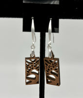 Wood Carved Branch in Rectangle Silvertone Dangle Earrings