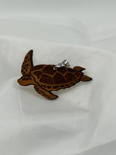 Natural Wood Carved Sea Turtle Outline Pendant Nautical Jewelry