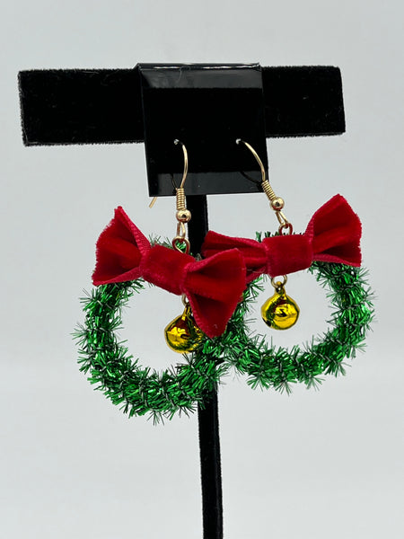 Large Gold Christmas Wreath Dangle Earrings with Red Bow and Jingle Bell