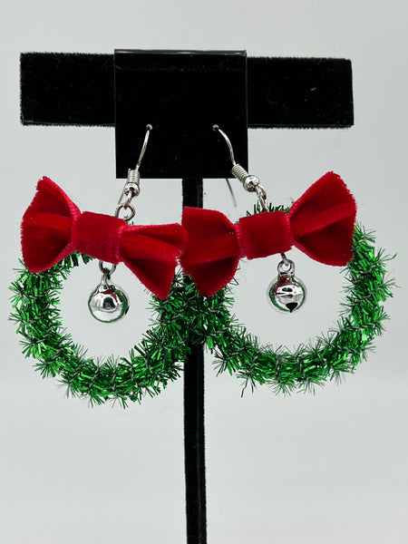 Christmas Green Wreath with Red Bow and Silver Jingle Bell Dangle Earrings