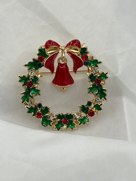 Goldtone and Green Enamel Christmas Wreath Pin Brooch with Holly and bell