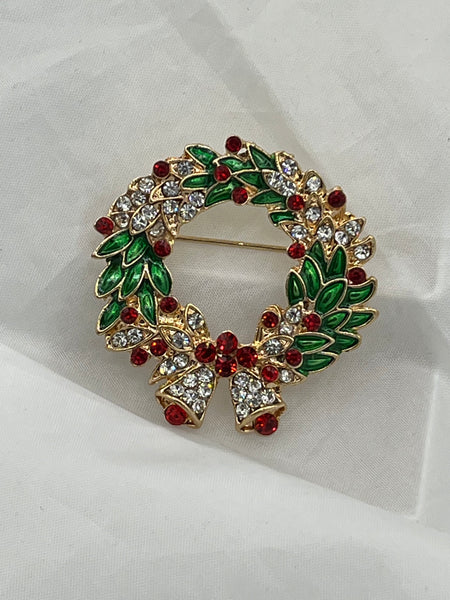Silvertone and Enamel Green Christmas Wreath with Red CZs and Bells Pin Brooch
