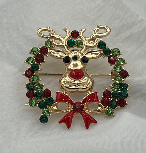 Goldtone Red Enamel and Clear CZ Christmas Wreath with Reindeer Pin Brooch