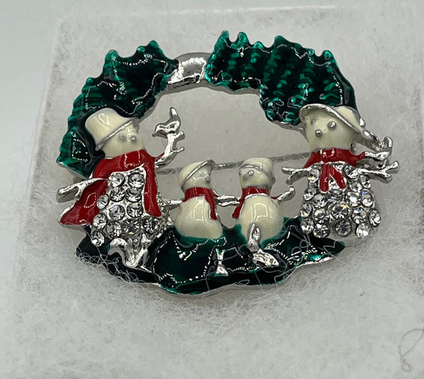 Red and Green Enamel Clear CZ Christmas Wreath Pin with Snow Family Pin Brooch