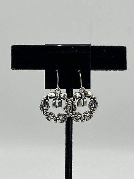 Silver Tone Christmas Wreath with Bell and Holly Charm Dangle Earrings