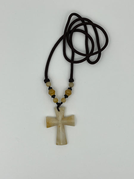 Natural Yellow Topaz Gemstone Large Carved Cross Pendant on Cord Necklace