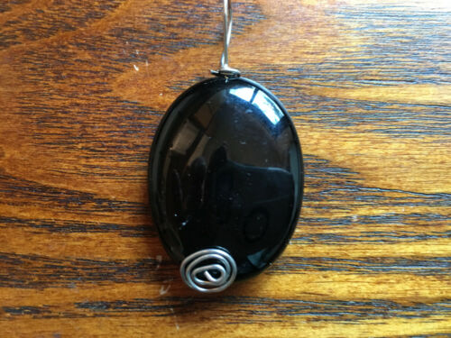 Natural Black Agate Gemstone Carved Large Puffy Oval Pendant