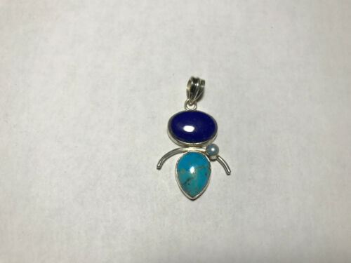 natural lapis and turquoise gemstone sterling silver pendant