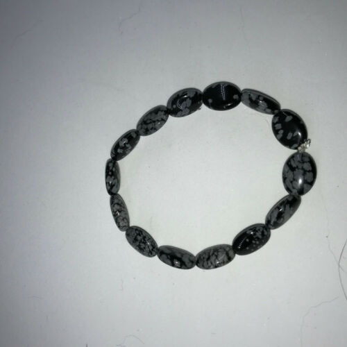 Natural Snowflake Obsidian Gemstone Ovals Beaded Stretch Bracelet