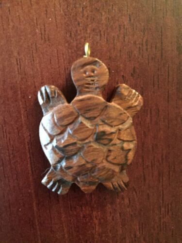 Natural Indian Rosewood Carved Turtle Pendant with Brass Accents