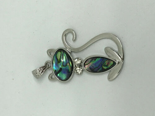 natural abalone shell silvertone cat pendant
