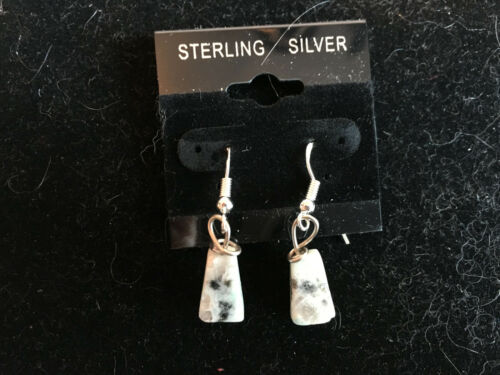 Natural Sesame Jasper Gemstone Trapezoid Dangle Sterling Silver Earrings