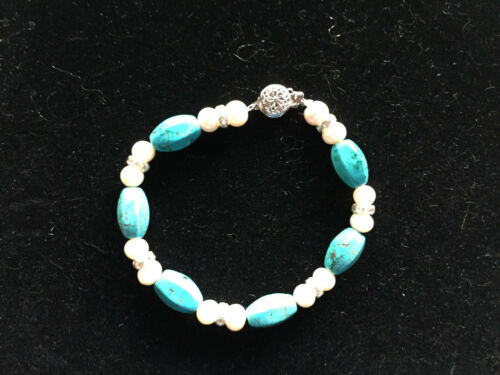 Natural Turquoise and Pearl Gemstone Beaded Bracelet