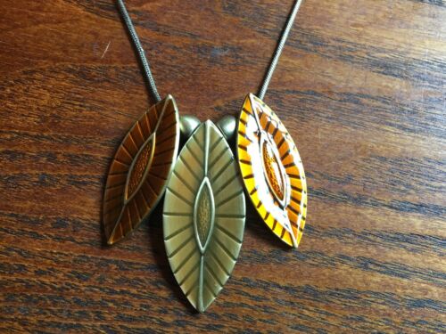 Rust and Honey Enamelled Leaf Pendants on Adjustable Goldtone Necklace