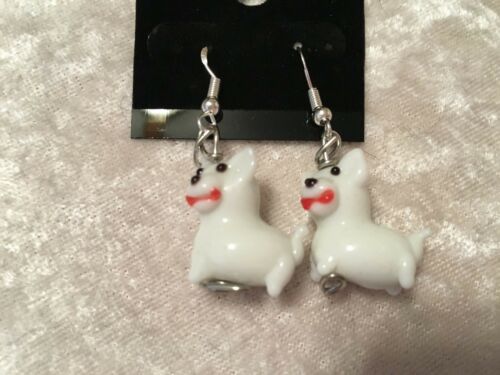 Scotty Dog Lampworked Glass Earrings .925 Sterling Silver Hooks, Black or White