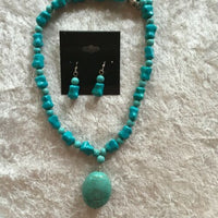 Natural Tumbled Turquoise Gemstone Beaded Necklace and Dangle Earrings Set