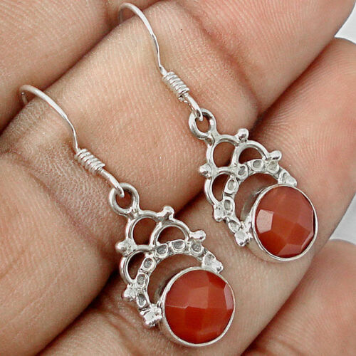 natural faceted red onyx gemstone sterling silver dangle earrings