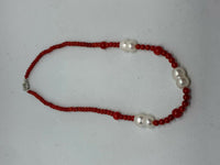 Natural Red Coral and White Pearl Gemstone Beaded Necklace