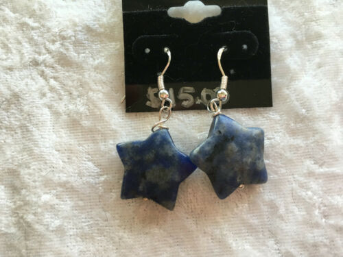 Natural Sodalite Gemstone Carved Star Dangle Sterling Silver Earrings