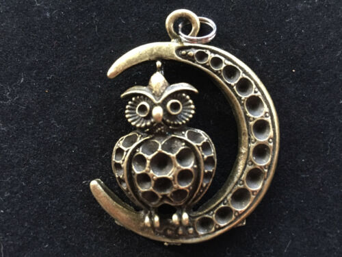 Bronze Owl In Crescent Moon Pendant