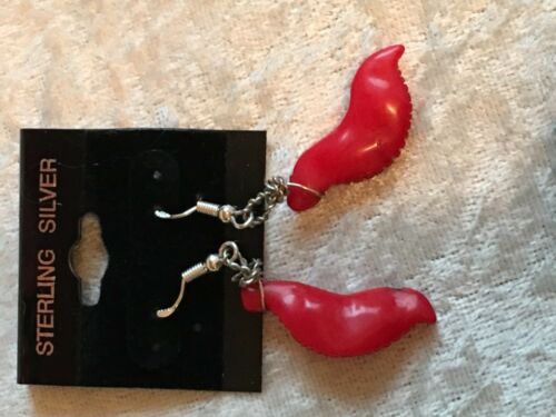 Natural Red Coral Gemstone Carved Bird Dangle Sterling Silver Earrings