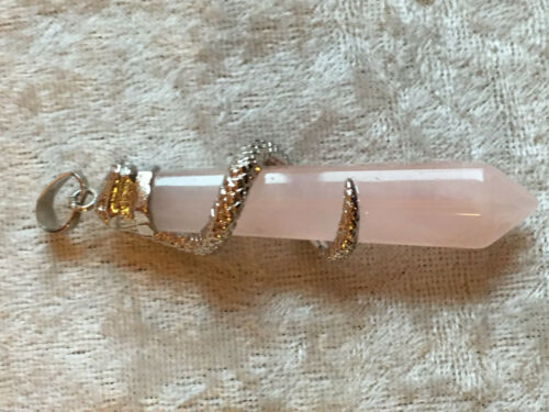 silvertone snake pendant with natural rose quartz gemstone point