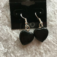 Black Onyx or Rose Quartz Gemstone Carved Heart Dangle Sterling Silver Earrings